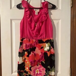 Tabitha Hot Pink Ruffle-Neck Floral Print Casual Dress